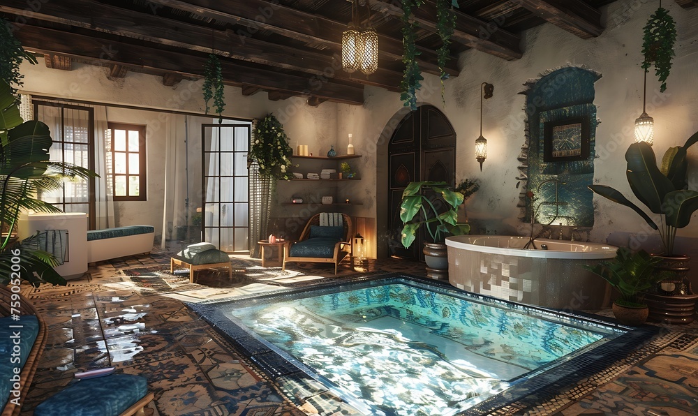 a virtual retreat through 3D rendering, merging Daz3D style with modern spa elements, 