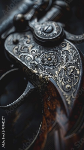 A meticulously detailed close-up of a vintage firearm showcasing the intricate designs and craftsmanship of historical weapons. Emphasizing the balance between power and responsibility