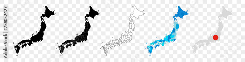 Map of Japan icon. Linear icon. Transparent background. Vector isolated elements. Japan map icon line symbol.