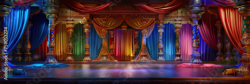 Bollywood Film Set with Colorful Fabrics, Ornate Pillars, and Dancing Stage. Indian Cinema Set