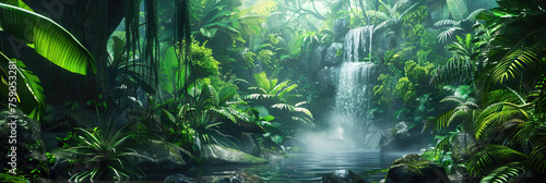 Tropical Rainforest with Waterfall, Exotic Plants, and Canopy Walkway. Adventure Studio Set