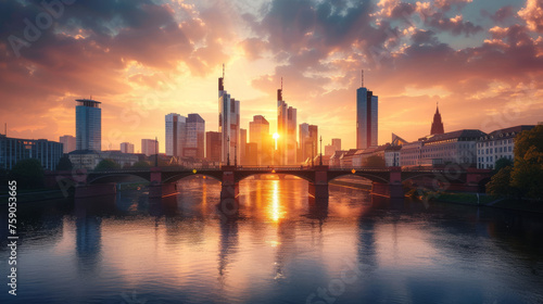 Majestic sunrise peeks between skyscrapers with a bridge in the foreground over a serene river
