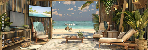 Beachside Retreat Set: Coastal TV Stage with Sand-colored Tones, Nautical Decor, and Relaxing Vibes