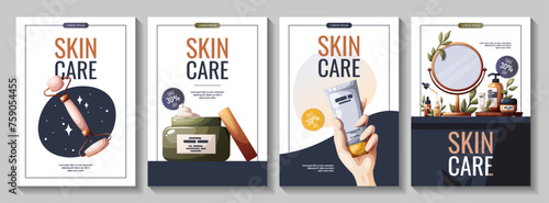 Set of flyers with beauty products, cosmetics, mirror. Beauty, skin care, body care, cleansing concept. Vector illustration for banner, poster, promo.