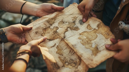 A close-up of friends' hands holding treasure maps, ready to embark on a thrilling treasure hunt together. photo