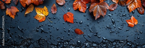 Yellow and red autumn vibrant leaves on wet black background with copyspace, changing climate. Banner.