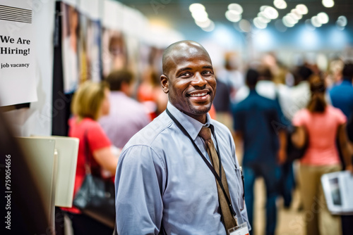 An African American male recruiter smiles brightly at a career fair, exuding friendliness and approachability amidst the bustling event. Concept of Labor Day