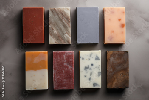 Variety colorful natural handmade soap bars on a dark gray background, top view.