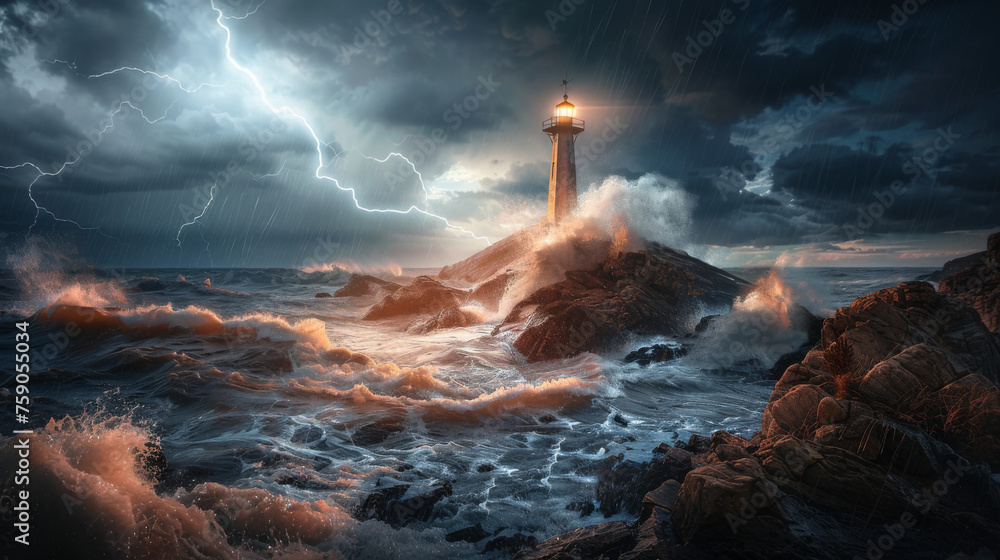 Vicious waves crash against a rock, where a lone lighthouse stands bravely under a threatening thunderstorm sky Vicious waves crash against a rock, where a lone lighthouse stands bravely under a threatening thunderstorm sky