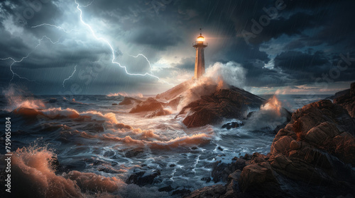 Vicious waves crash against a rock, where a lone lighthouse stands bravely under a threatening thunderstorm sky