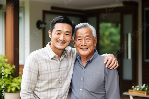 Asian senior father and adult son sharing a happy moment, smiling together.