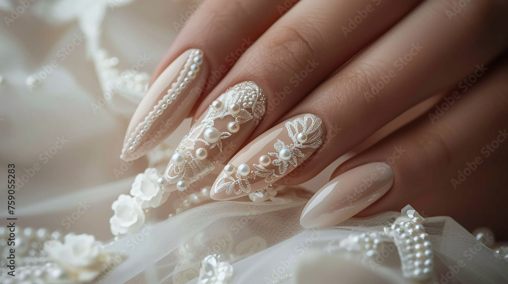 Nail art, Elegant bridal nail art with lace and pearl details on a hand. Wedding fashion and beauty concept for design and print Nail art, Elegant bridal nail art with lace and pearl details on a hand. Wedding fashion and beauty concept for design and print