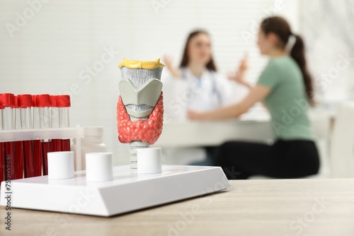 Fotografie Endocrinologist examining patient at clinic, focus on model of thyroid gland and