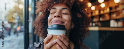 Happy woman with eyes closed and smell takeaway coffee