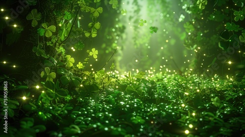  patrick's day themed background, dense fairy forest, green neon lights, fairy clover four leaf 