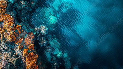 This captivating image shows a top-down view of a vibrant coral reef, capturing the natural beauty and diverse ecosystem of the ocean