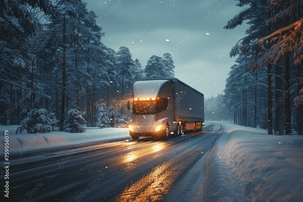 A large semi truck is driving down a snowy road. logistic concept A large semi truck is driving down a snowy road. logistic concept