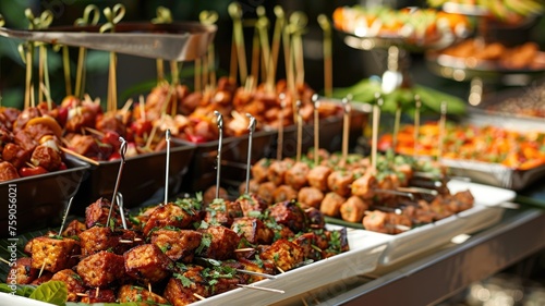 festive buffet table set with a large platter of marinated tempeh bites, each skewered with toothpicks and labeled with the marinade flavors, World Vegan Day