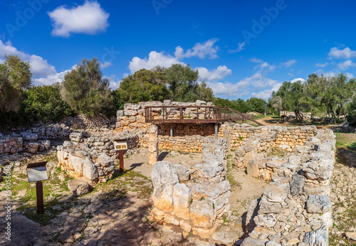 talaiot and the semi-detached rooms from the talaiotic era (Iron Age). Hospitalet Vell archeological site, Majorca, Balearic Islands, Spain