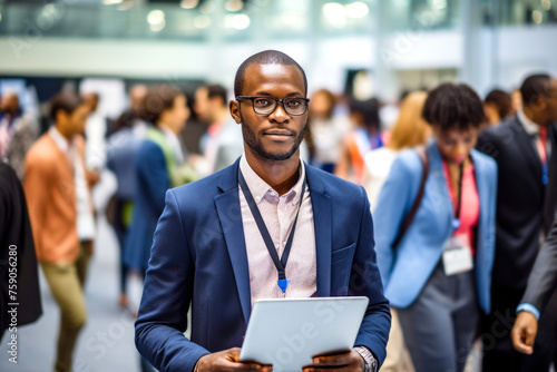 African American IT HR recruiter stands poised with his digital tablet at career fair, Focused on identifying and guiding job seekers in tech industry towards promising careers. Concept of Labor Day.