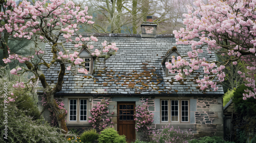 cottage covered with pink flowers in at own