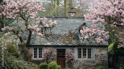 cottage covered with pink flowers in at own © Areeba ARTS