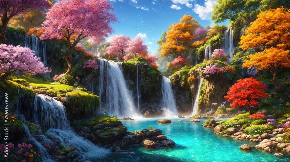Fantasy waterfall with autumn trees and beautiful flowers, idyllic landscape - obrazy, fototapety, plakaty 