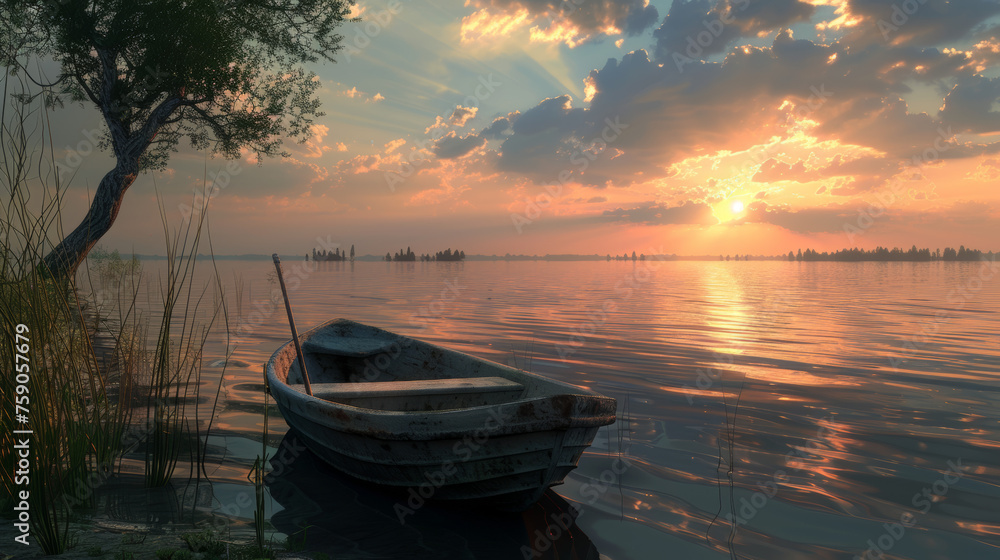 A tranquil sunset with soft clouds reflecting on the water's surface, highlighting a solitary rowboat tied near the shore