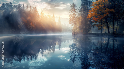 A serene autumnal sunrise over a tranquil forest lake with mist and vibrant fall colors reflecting in the water