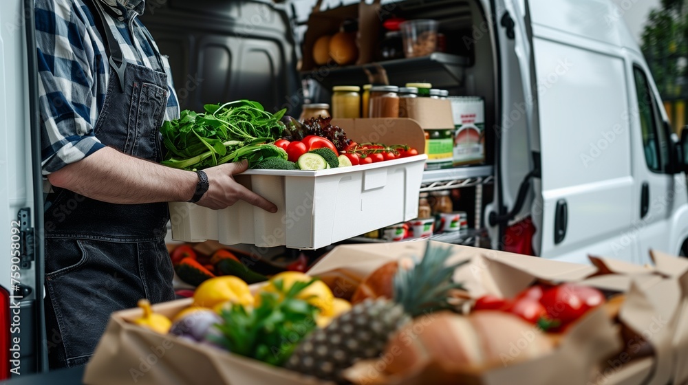 A local farmer is delivering a variety of fresh, organic produce including vegetables, greens, and fruits directly to customers doors in a branded delivery van, emphasizing farm-to-table freshness. - obrazy, fototapety, plakaty 