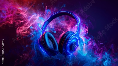 Striking image of headphones amidst vibrant, multicolored smoke on a dark background photo