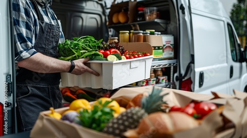 A local farmer is delivering a variety of fresh, organic produce including vegetables, greens, and fruits directly to customers doors in a branded delivery van, emphasizing farm-to-table freshness. photo
