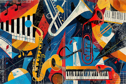 Abstract background with musical instruments. Suitable for a concert, festival or competition poster, for a store, blog or book.