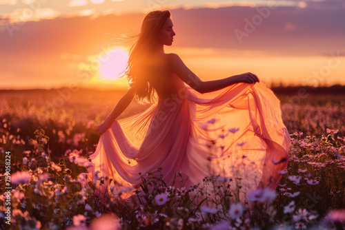 A whimsical image of a woman with flowing dress dancing in a field during a captivating sunset