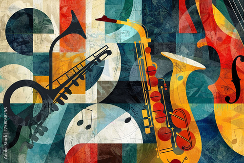Musical instruments. Abstract graffiti style background with a saxophone in the foreground.