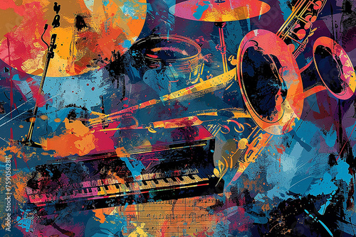Trombone close up.Musical instruments in grunge style. Piano, trumpet and drum kit.Color poster