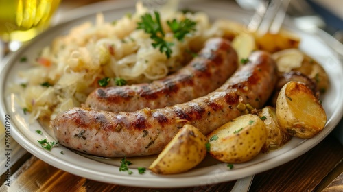 Delicious grilled sausages served with roasted potatoes and sauerkraut on a white plate, garnished with parsley
