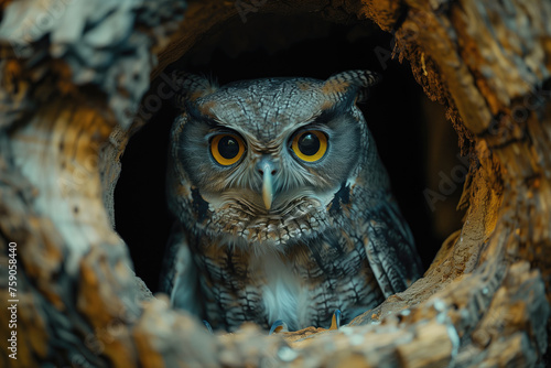 Eurasian scops owl (Otus scops) sitting in a hollow tree © Evgeny