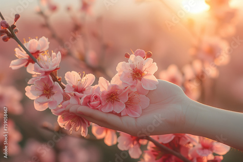 Beautiful pink cherry blossom sakura flowers in hand on sunset background