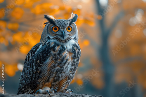 Eurasian eagle-owl  Bubo bubo  sitting on a branch in the autumn forest. Beautiful owl.