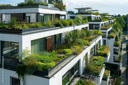 This photo concentrates on a contemporary housing complex that embodies sustainability with extensive roof gardens