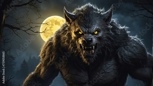 A menacing werewolf yellow eyes baring teeth standing