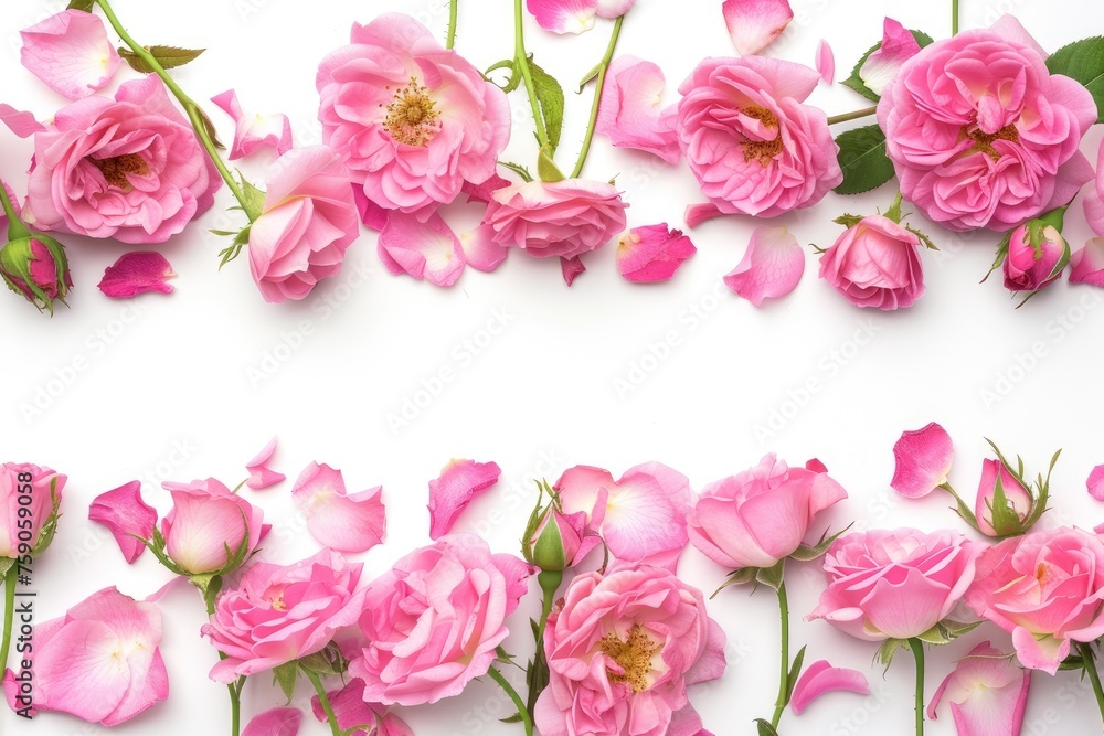Close up view of a blooming pink rose flower and petals isolated on a white background with a small copy space in the middle. Floral frame composition. Free space, flat lay, top view.