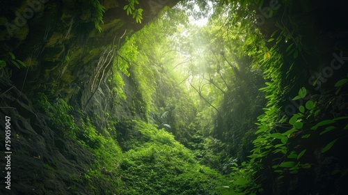Lush green tunnel of trees from the deep jungles of Southeast Asia