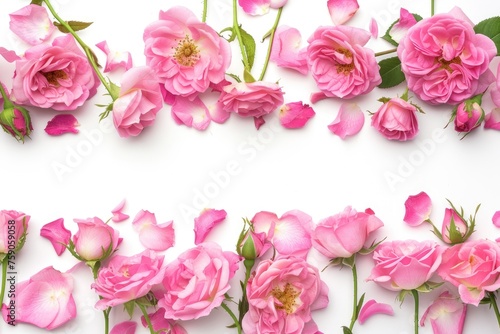 Close up view of a blooming pink rose flower and petals isolated on a white background with a small copy space in the middle. Floral frame composition. Free space, flat lay, top view.