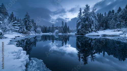 Chilling image of a dense snow-clad forest and its reflection in the mirror-like water shot during the blue hour
