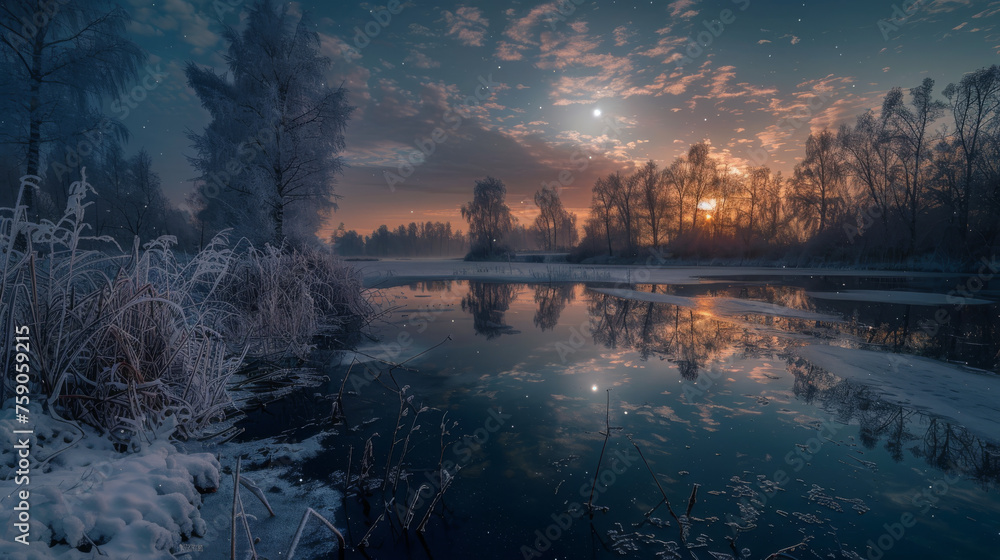 Dawn scene with rising sun casting a warm glow on frost-covered plants and a partly frozen river