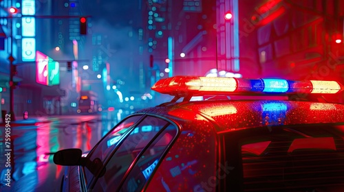 Blue and red flashing lights on top of the police car. City lights in the background © alauli