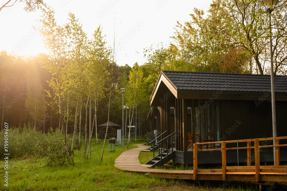 Beautiful wooden house with a veranda, a wooden path, located among the trees, in the rays of the rising sun. Rest outside the city, unity with nature, eco-estate, purchase of real estate Beautiful wooden house with a veranda, a wooden path, located among the trees, in the rays of the rising sun. Rest outside the city, unity with nature, eco-estate, purchase of real estate