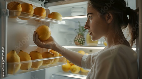 Woman grabbing a fresh lemon from a fridge stocked with citrus. home kitchen scene with natural lighting. healthy food choices. AI